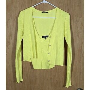 Lulus Bright Yellow Knit Two-Piece Cardigan Set Stretch Preppy Spring Sz Lg NWT